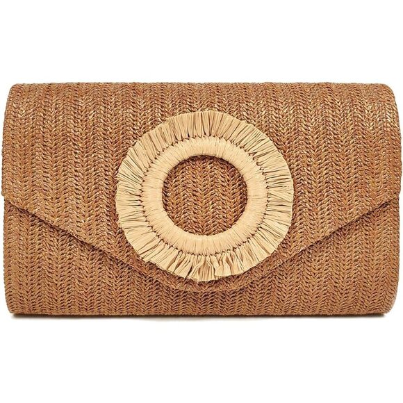 Women\'s Tan Summer Woven Beach Bag Envelope Evening Handbags Straw Clutch